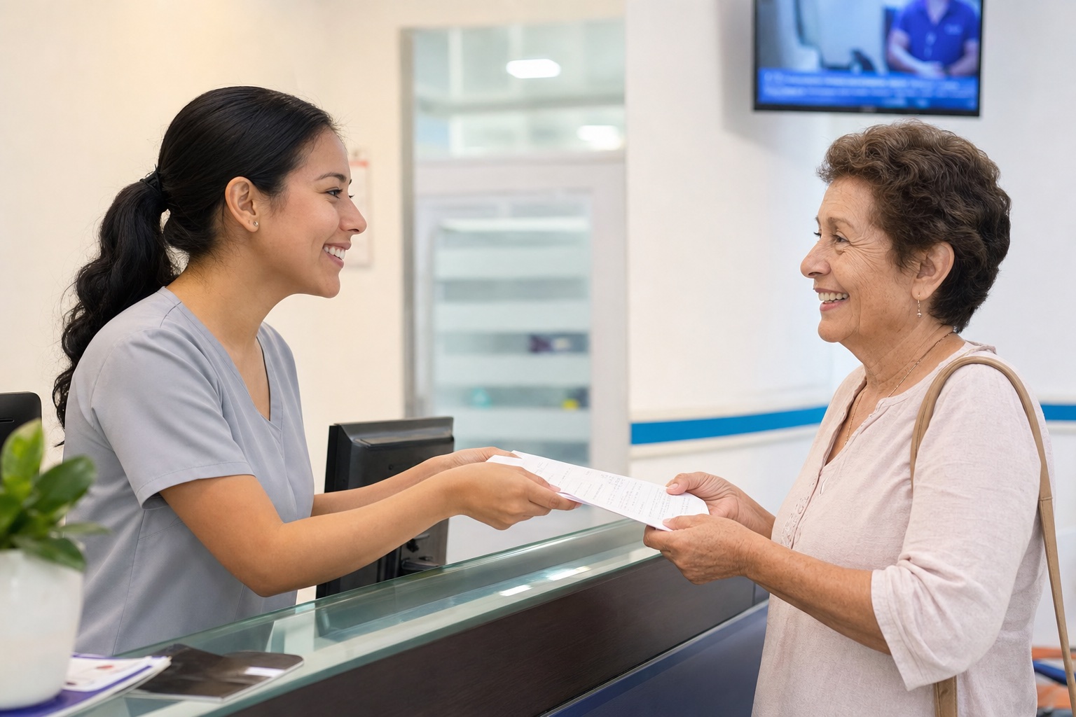 Recepcionista de hospital sonriendo mientras atiende a una paciente