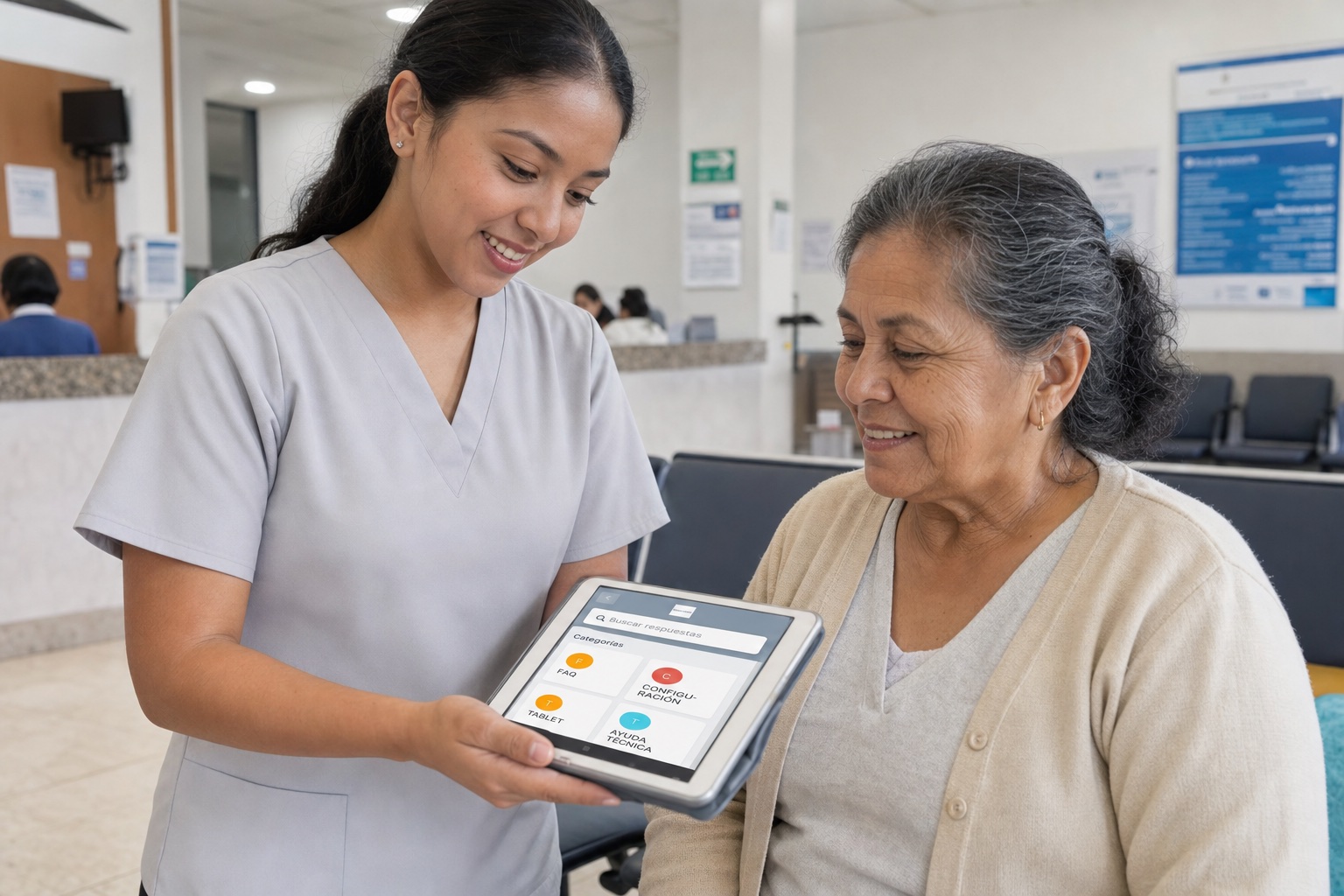 Nurse showing HarmoniMD on a tablet to a patient, both smiling