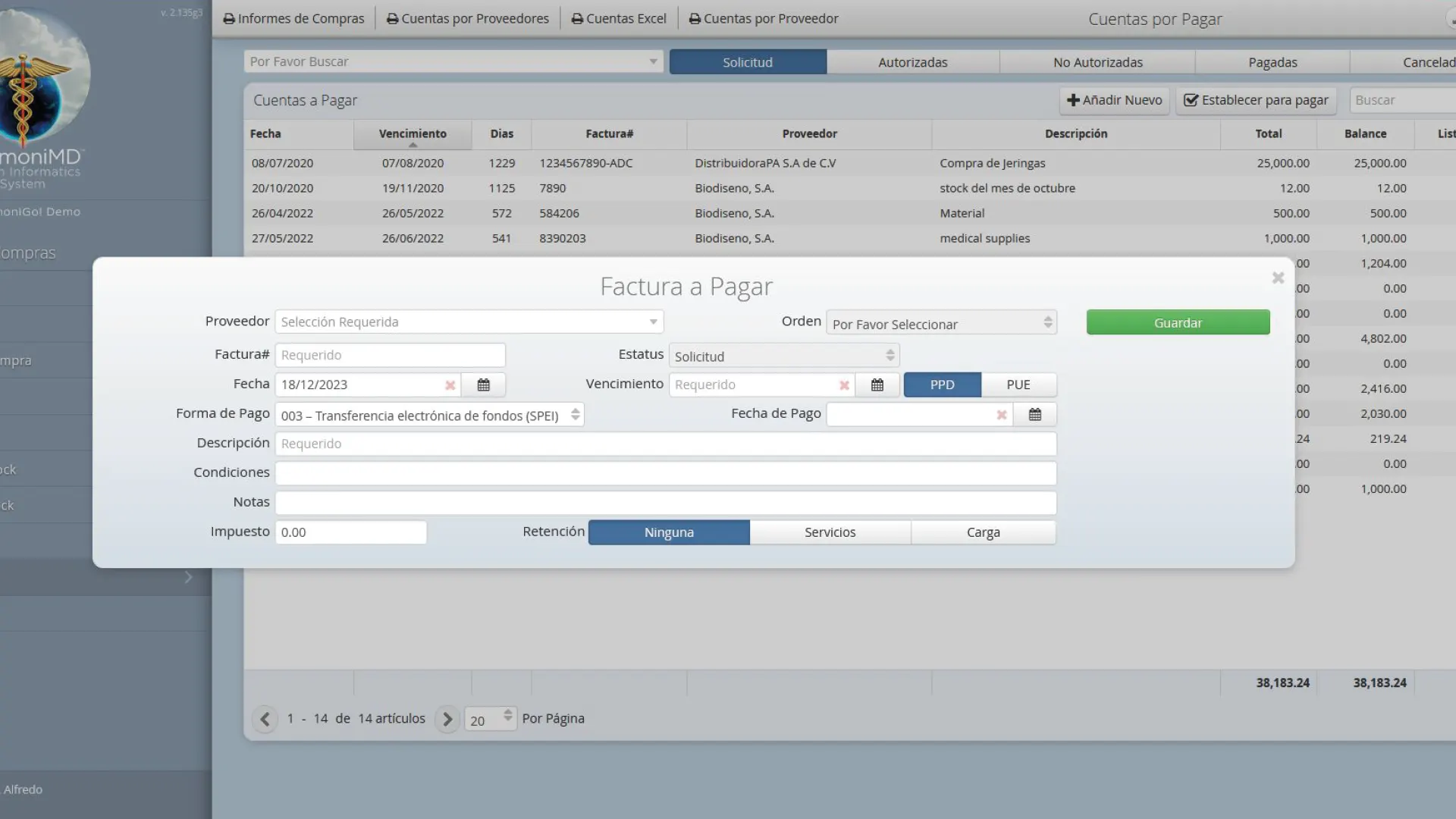 Pantalla del módulo Cuentas por Cobrar en HarmoniMD